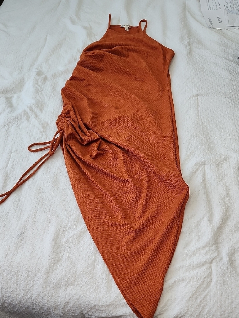 Derek Heart Copper Asymmetrical Ruched Midi Dress - Picture 4 of 7